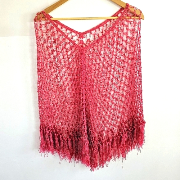 Unbranded Other - Pink Metallic Thread Beaded Fringe Cover Up Poncho Women's OSFM